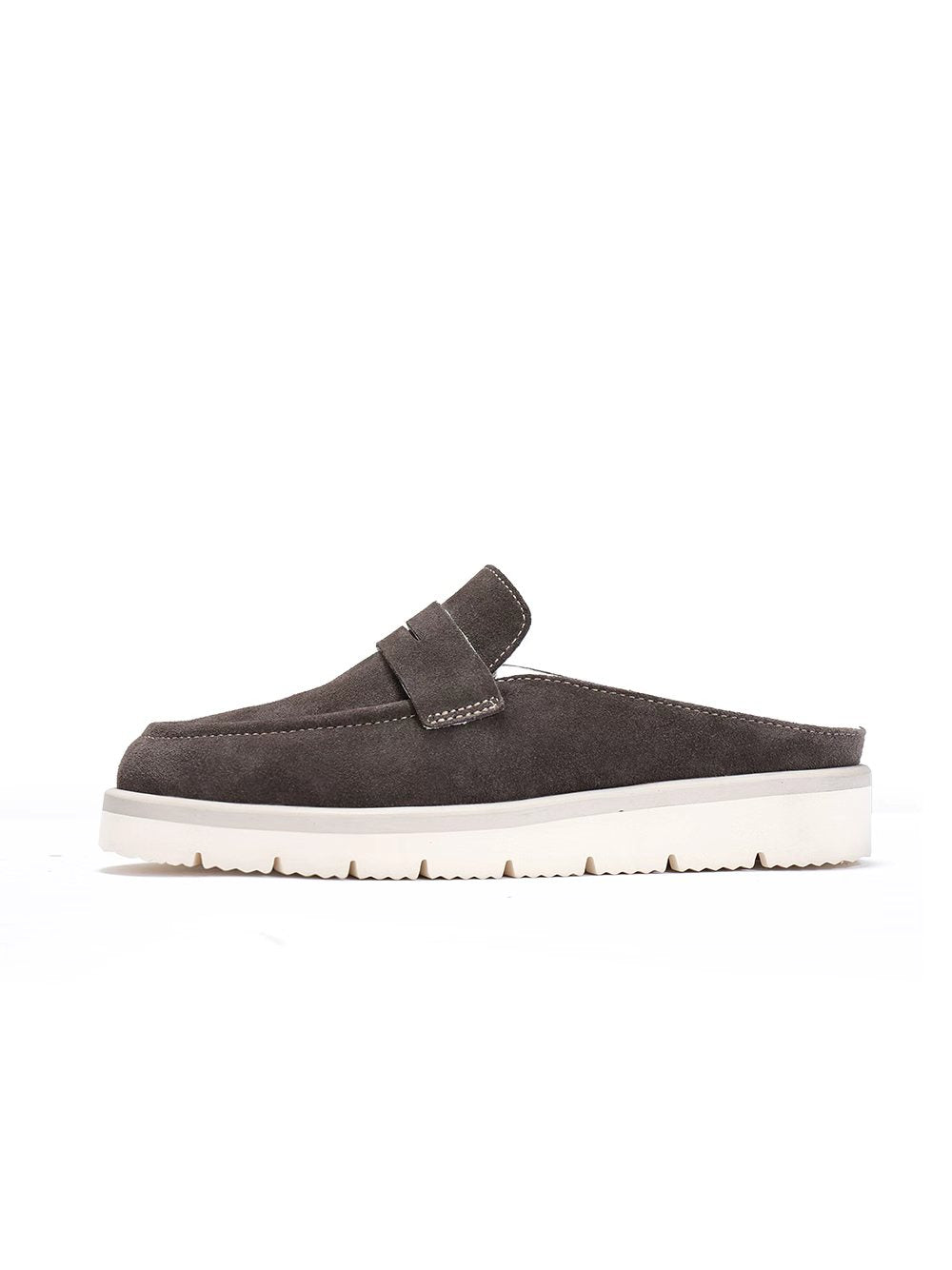 Gray slip-on shoe with a white sole on a white background